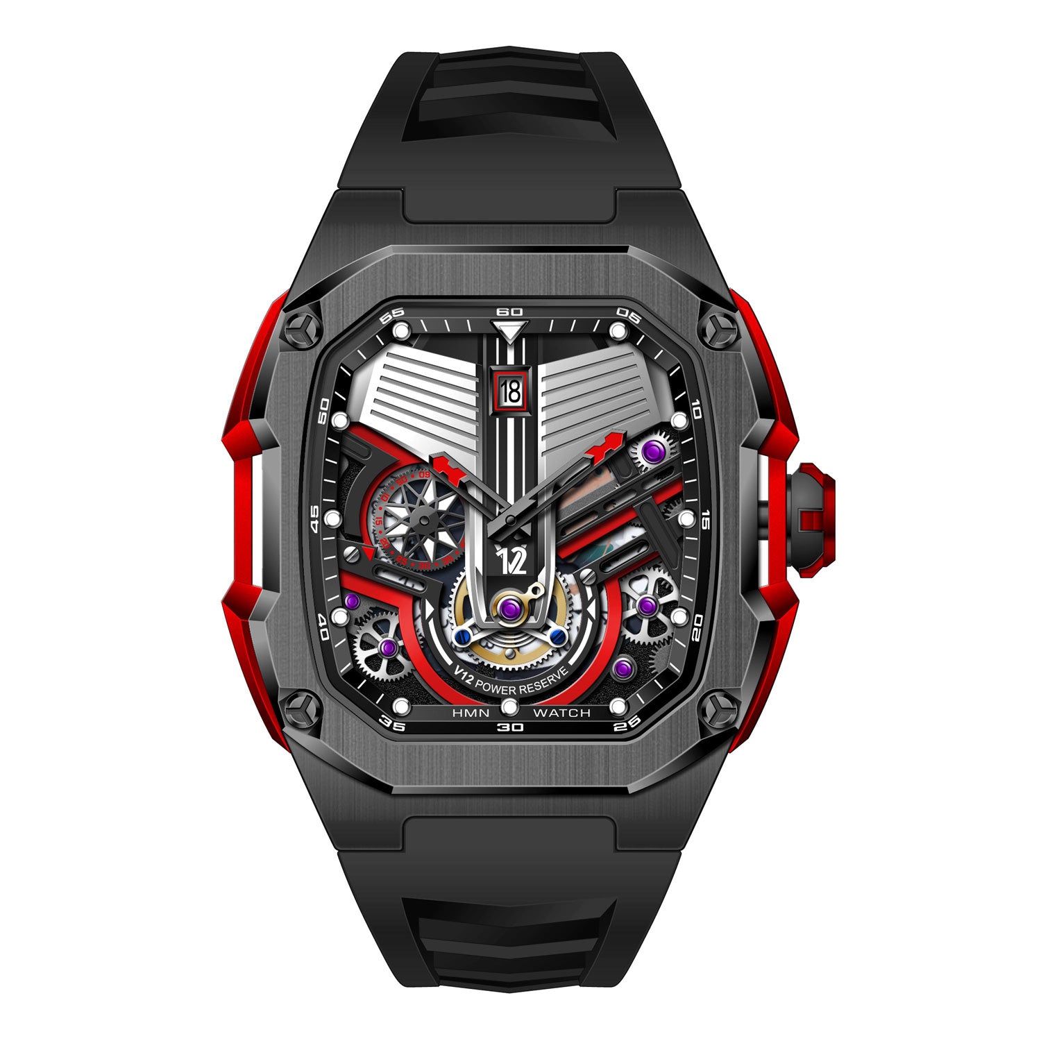 HMN V12 Cullinan Engine Watch - Red and black watch with detailed mechanical components on a white background