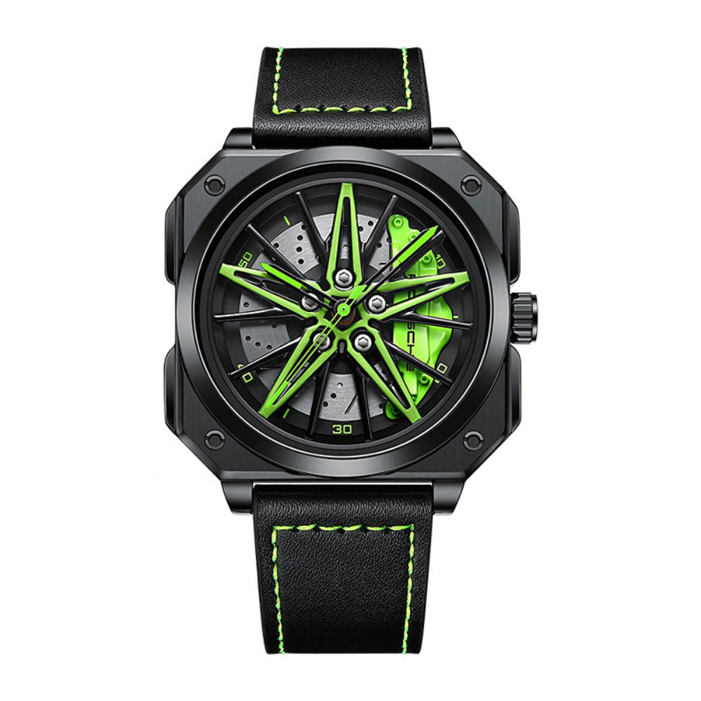 HMNWatch Boxster 911 rim watch green leather strap