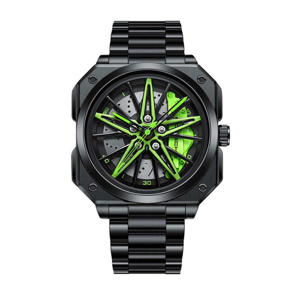 HMNWatch Boxster 911 rim watch green steel strap square case