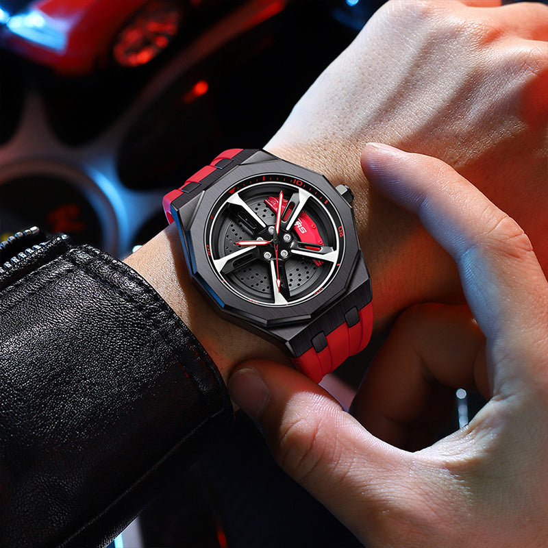 HMNWatch Bavaria RS7 - Audi RS Spinning Car Wheel Racing Watch for Men | Premium Men's Racing Watch with Silicone Strap and Brushed Steel Case | Unique Spinning Wheel Design Inspired by Audi