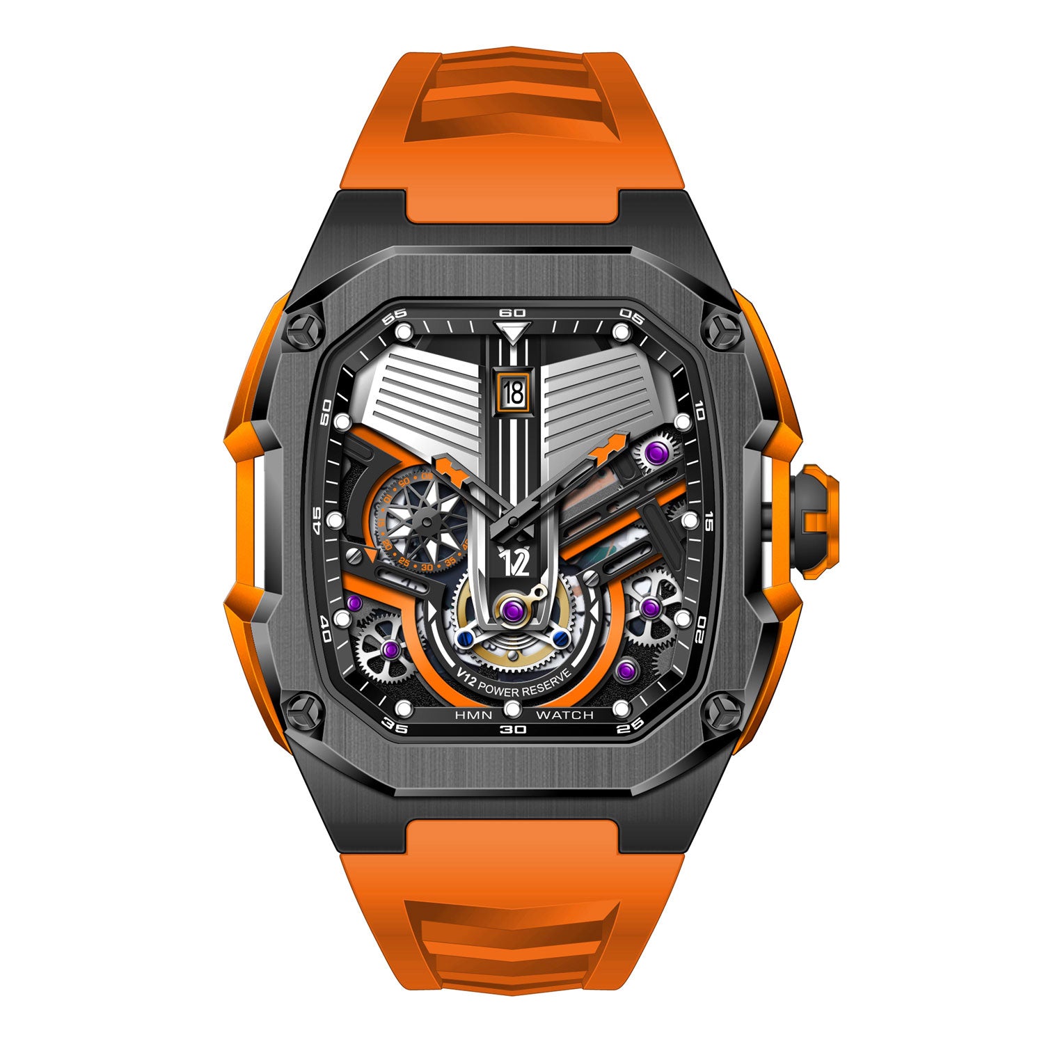HMN V12 Cullinan Engine Watch - Orange and black watch with detailed mechanical components on a white background