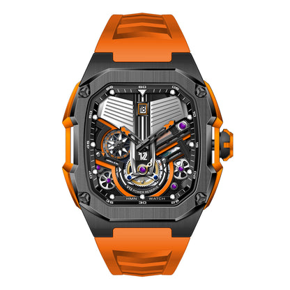 HMN V12 Cullinan Engine Watch - Orange and black watch with detailed mechanical components on a white background