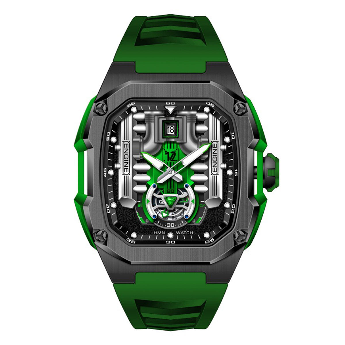 HMN V12 Phantom Watch - V12 Engine Skeleton Watch Green
