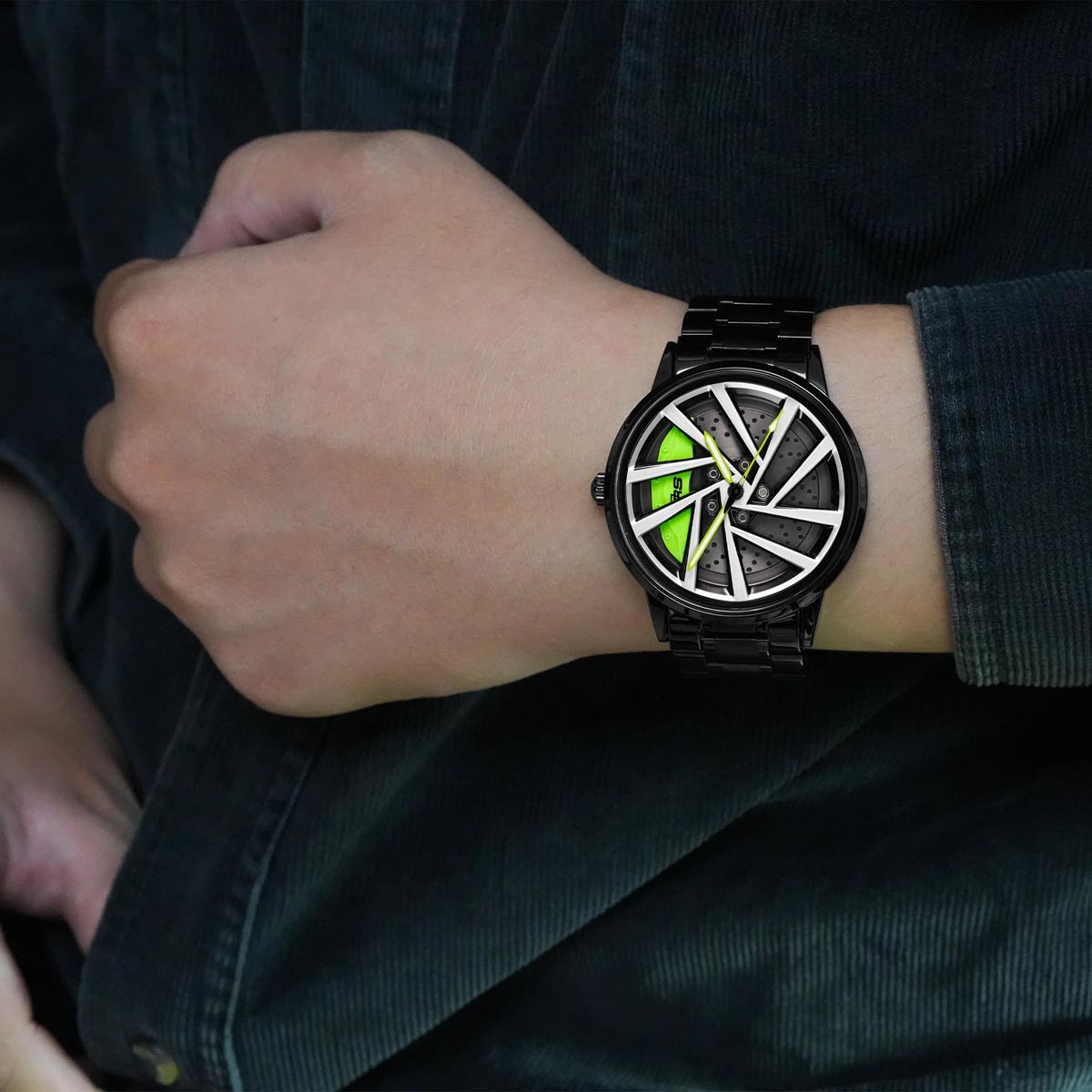 Model Wearing HMNWatch - Premium Men's Racing Watch with Spinning Wheel Design | Stylish and Durable Timepiece Inspired by Automotive Aesthetics | High-Quality Craftsmanship for Car Enthusiasts