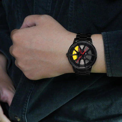 Model Wearing HMNWatch - Premium Men's Racing Watch with Spinning Wheel Design | Stylish and Durable Timepiece Inspired by Automotive Aesthetics | High-Quality Craftsmanship for Car Enthusiasts