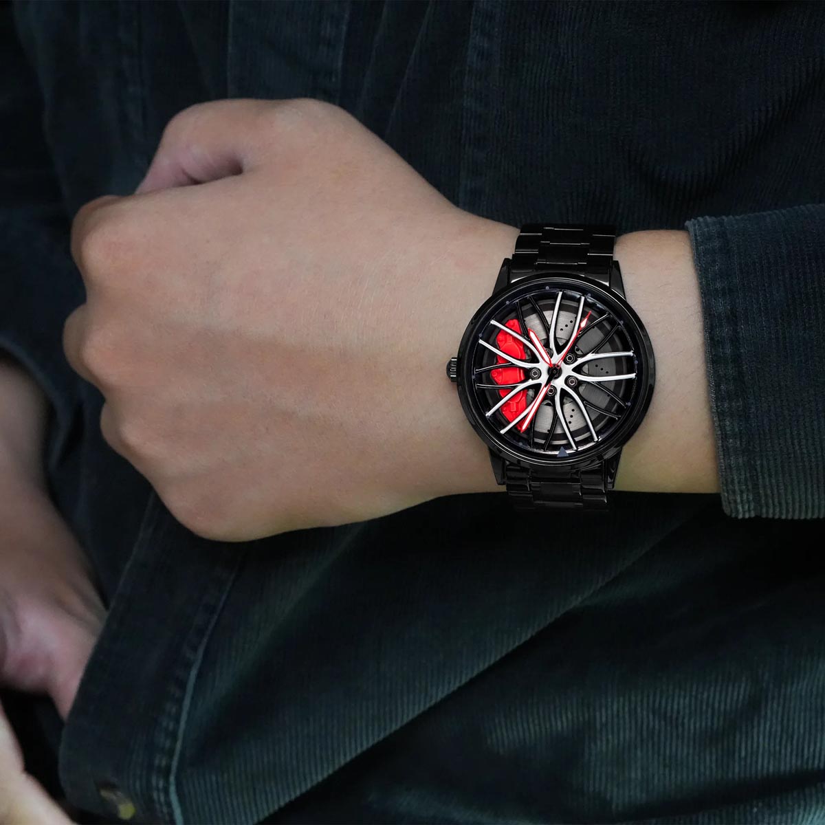 Model Wearing HMNWatch - Premium Men's Racing Watch with Spinning Wheel Design | Stylish and Durable Timepiece Inspired by Automotive Aesthetics | High-Quality Craftsmanship for Car Enthusiasts