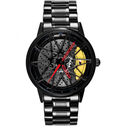 Model Wearing HMNWatch - Premium Men's Racing Watch with Spinning Wheel Design | Stylish and Durable Timepiece Inspired by Automotive Aesthetics | High-Quality Craftsmanship for Car Enthusiasts