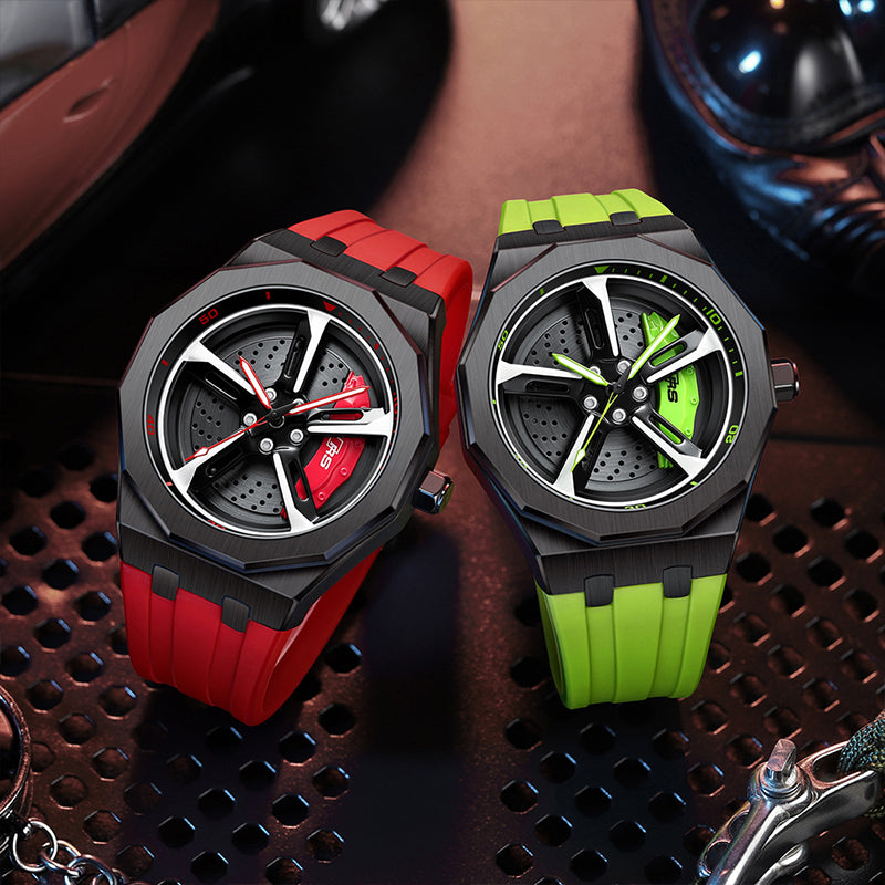 HMNWatch Bavaria RS7 - Audi RS Spinning Car Wheel Racing Watch for Men | Premium Men's Racing Watch with Silicone Strap and Brushed Steel Case | Unique Spinning Wheel Design Inspired by Audi